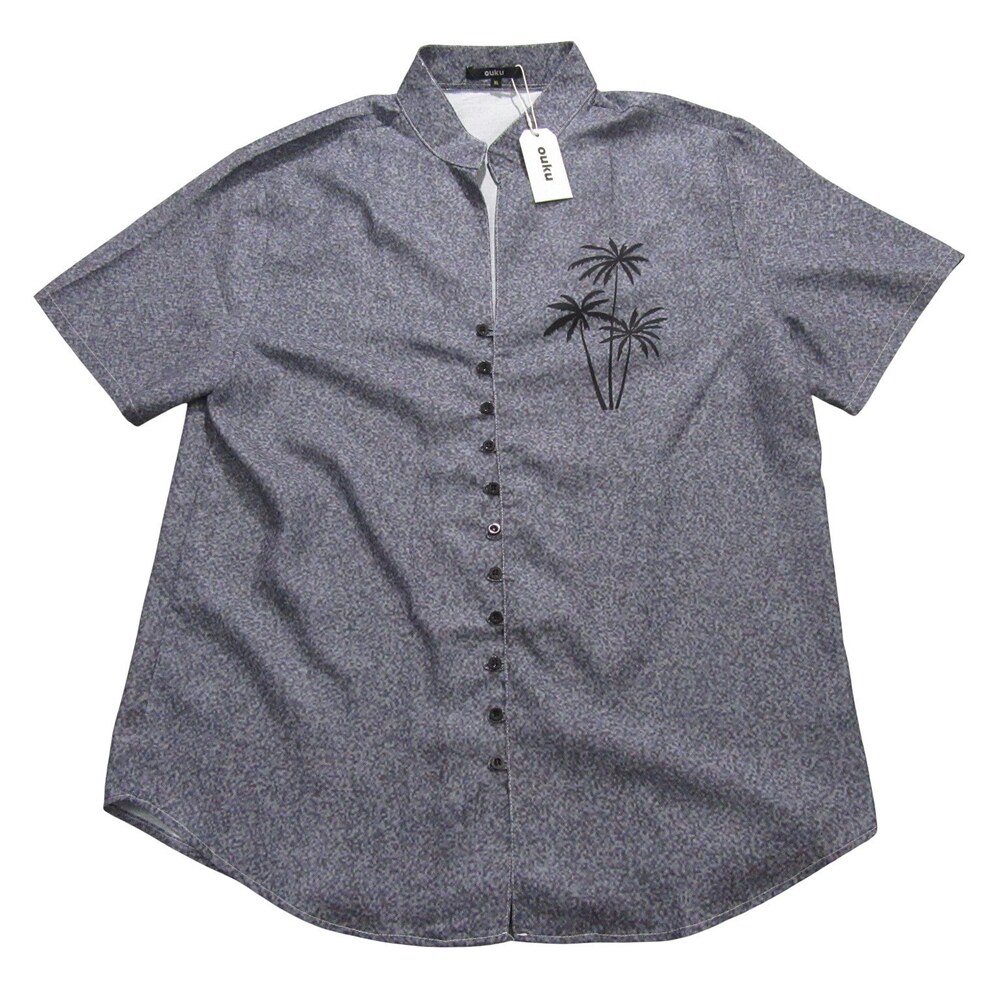 NWT Ouku Mens Loop Button Up Shirt XL Gray Allover Geometric Band Collar Resort